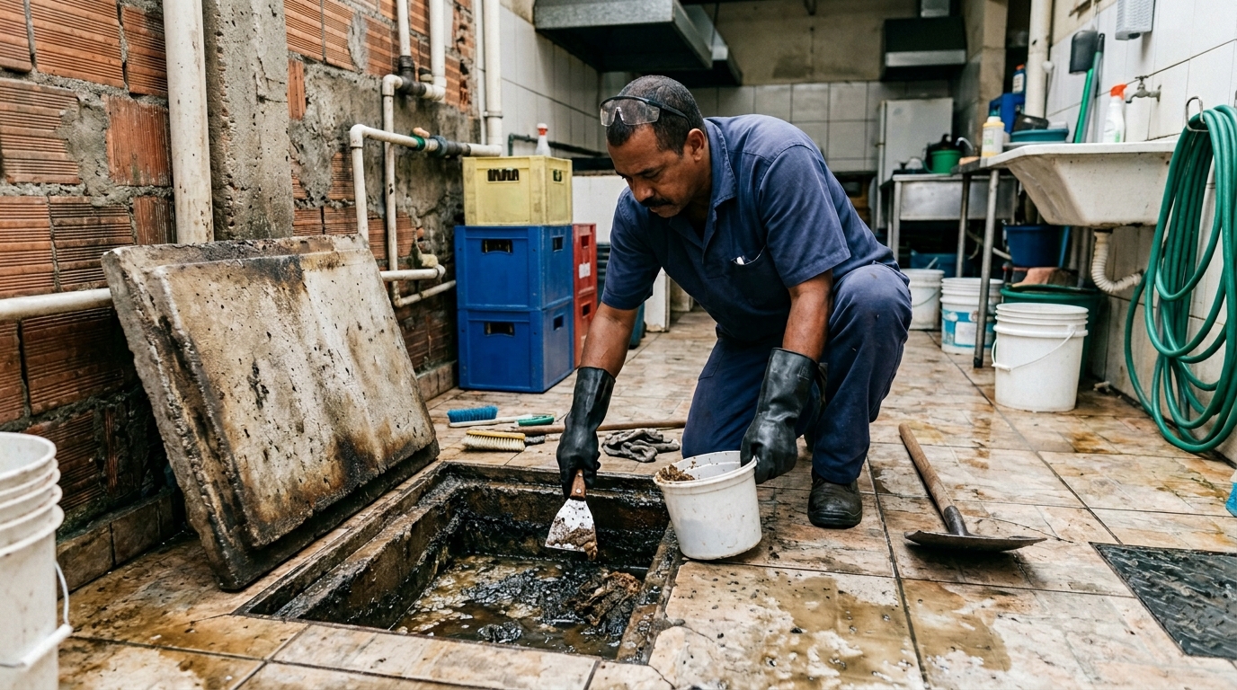 Limpeza de caixa de gordura residencial em Olinda‑PE